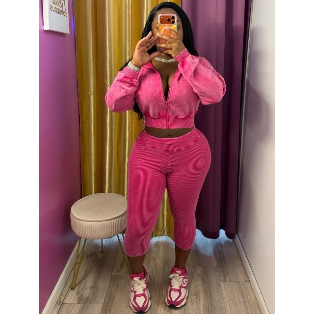 Vintage-wash Hooded Sweatshirt Cropped Pant Set
