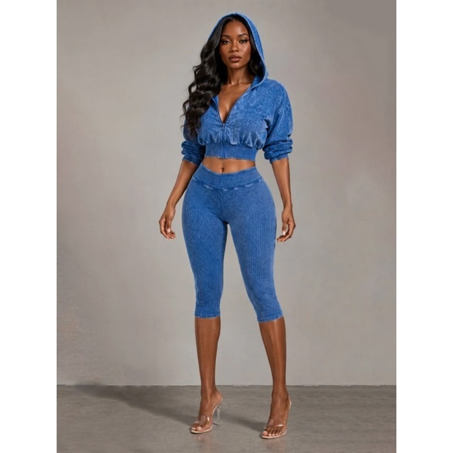 Vintage-wash Hooded Sweatshirt Cropped Pant Set