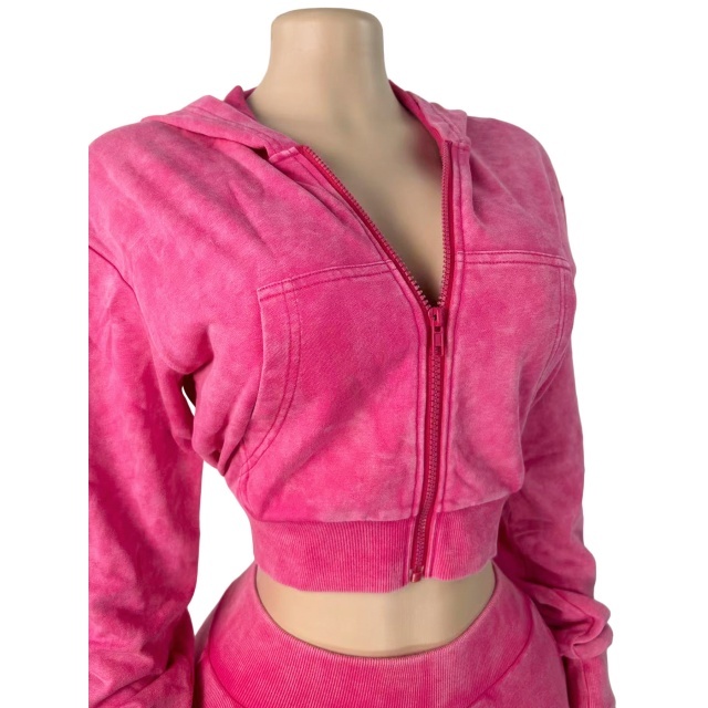Vintage-wash Hooded Sweatshirt Cropped Pant Set