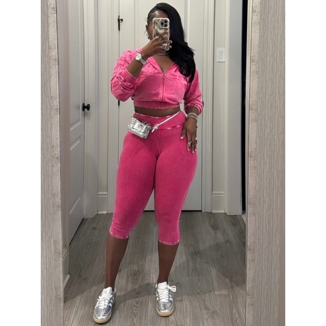 Vintage-wash Hooded Sweatshirt Cropped Pant Set