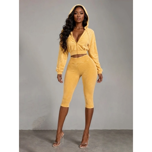 Vintage-wash Hooded Sweatshirt Cropped Pant Set
