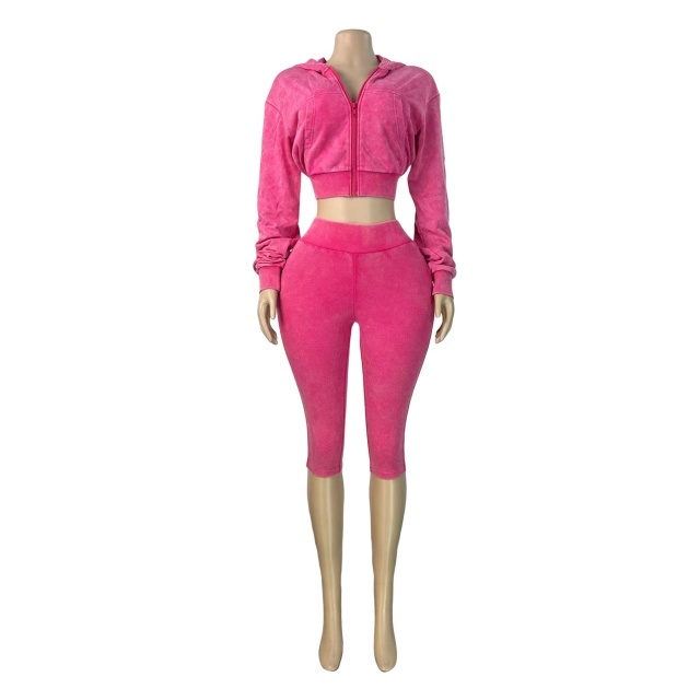 Vintage-wash Hooded Sweatshirt Cropped Pant Set