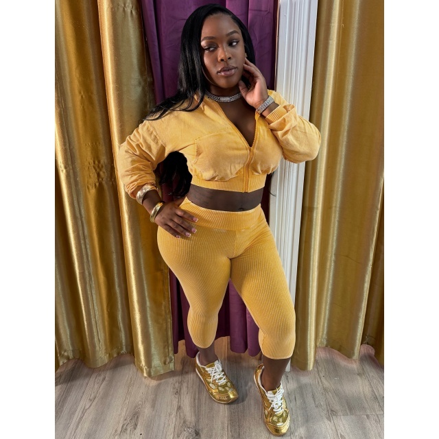 Vintage-wash Hooded Sweatshirt Cropped Pant Set