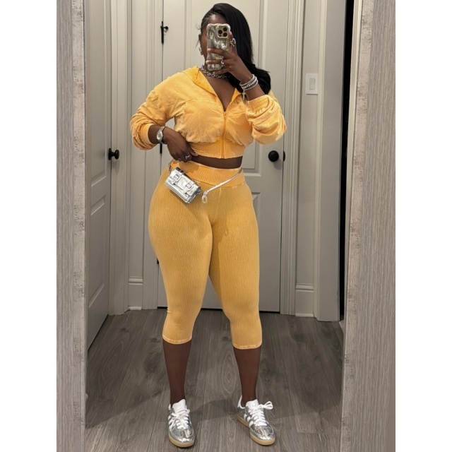 Vintage-wash Hooded Sweatshirt Cropped Pant Set