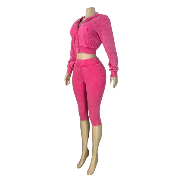 Vintage-wash Hooded Sweatshirt Cropped Pant Set