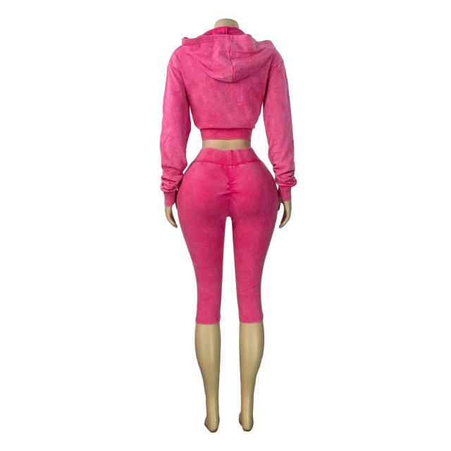 Vintage-wash Hooded Sweatshirt Cropped Pant Set