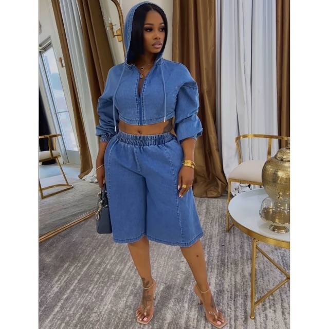 Washed Denim Hooded Zipped-up Top Cropped Pant Set
