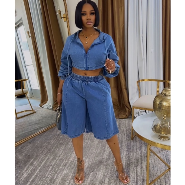 Washed Denim Hooded Zipped-up Top Cropped Pant Set