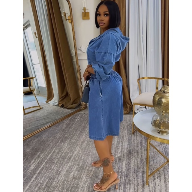 Washed Denim Hooded Zipped-up Top Cropped Pant Set