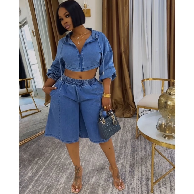 Washed Denim Hooded Zipped-up Top Cropped Pant Set