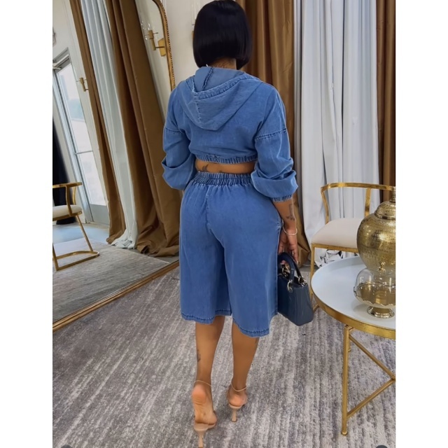 Washed Denim Hooded Zipped-up Top Cropped Pant Set