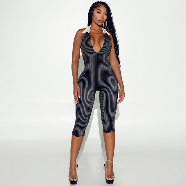 Deep V Halter Neck Backless Fitted Cropped Jumpsuit