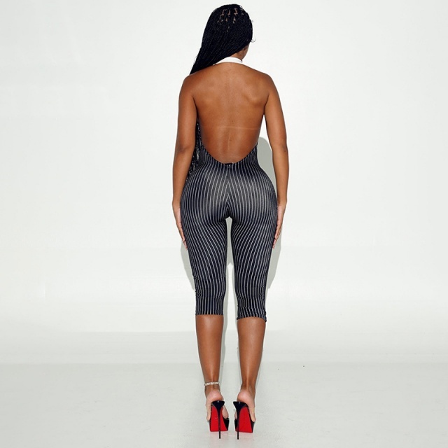 Deep V Halter Neck Backless Fitted Cropped Jumpsuit