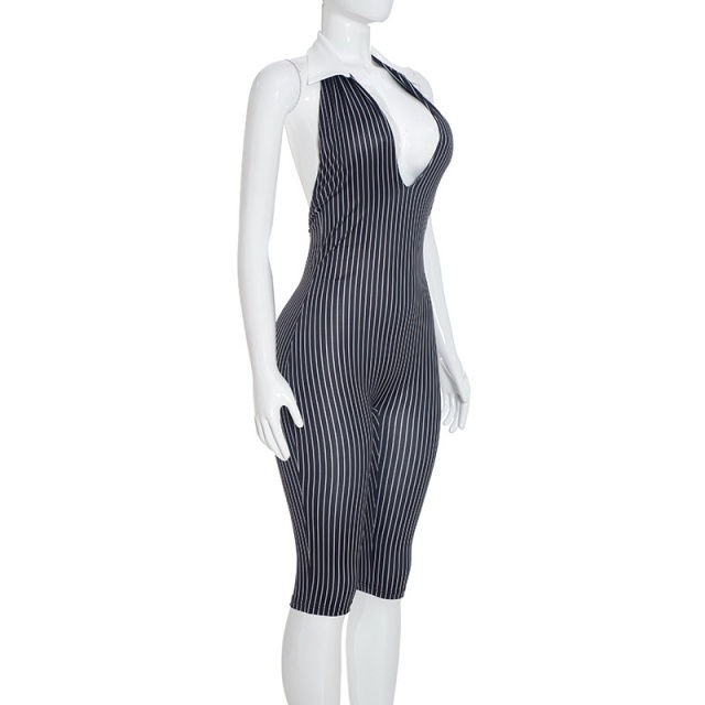 Deep V Halter Neck Backless Fitted Cropped Jumpsuit