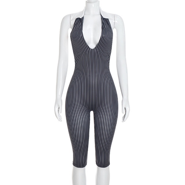Deep V Halter Neck Backless Fitted Cropped Jumpsuit