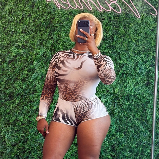 Printed Sheer Mesh Long Sleeve Top Fitted Short Set