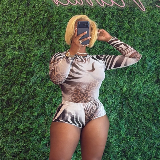 Printed Sheer Mesh Long Sleeve Top Fitted Short Set