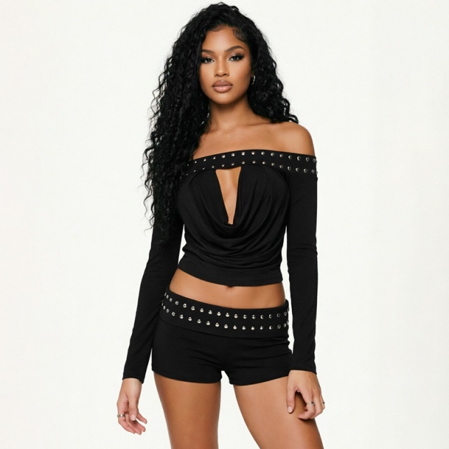 Riveted Off Shoulder Hollow Out Top Fitted Short Set