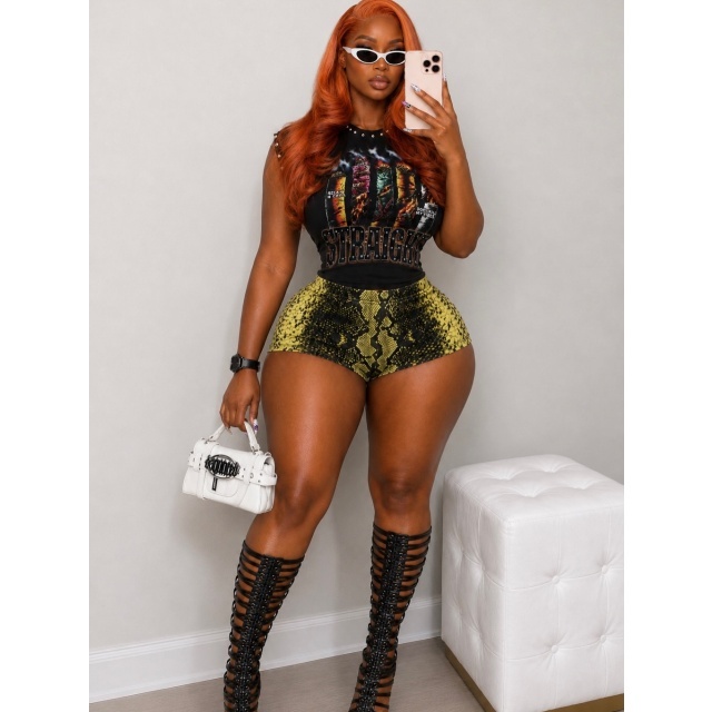 Riveted Sleeveless Tank Top Snake Printed Short Set