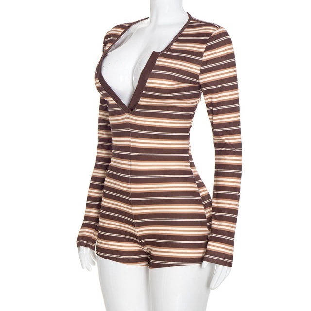 Striped Long Sleeve V Neck Fitted Romper