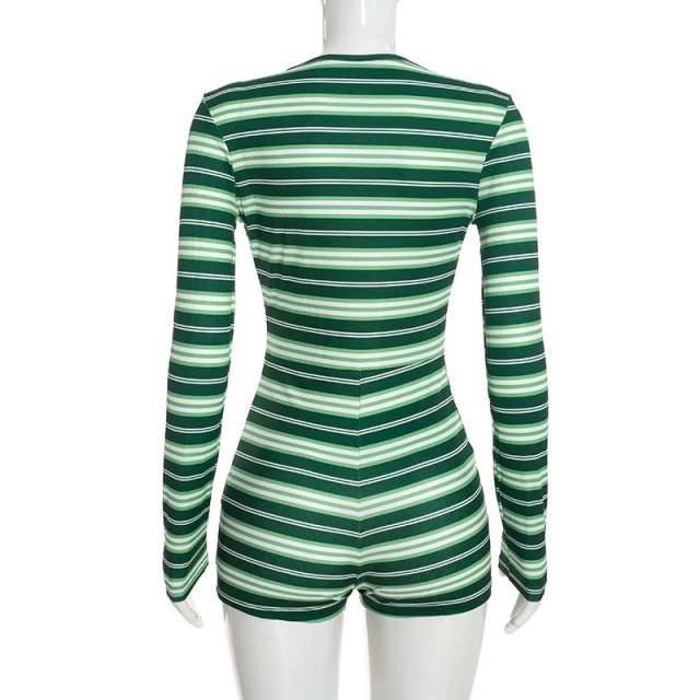Striped Long Sleeve V Neck Fitted Romper