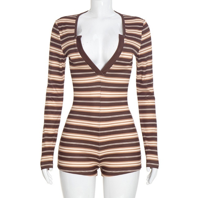Striped Long Sleeve V Neck Fitted Romper