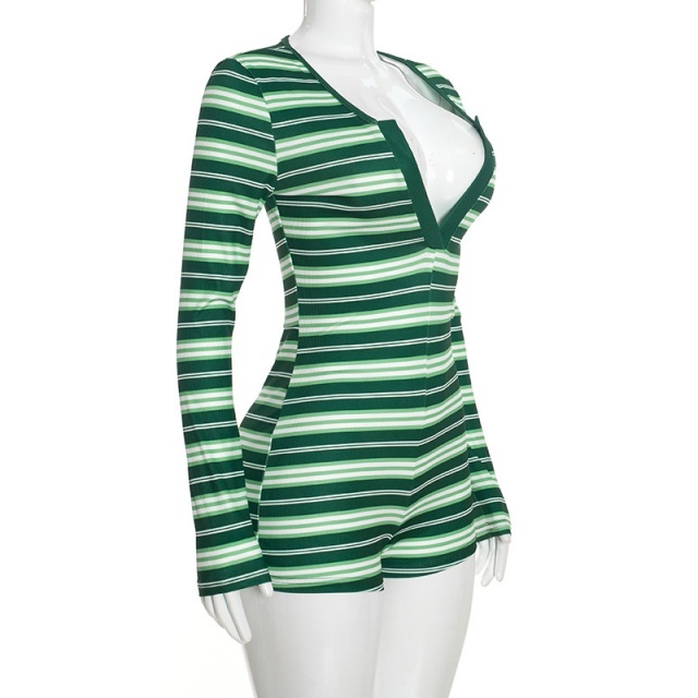 Striped Long Sleeve V Neck Fitted Romper