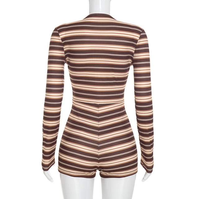 Striped Long Sleeve V Neck Fitted Romper