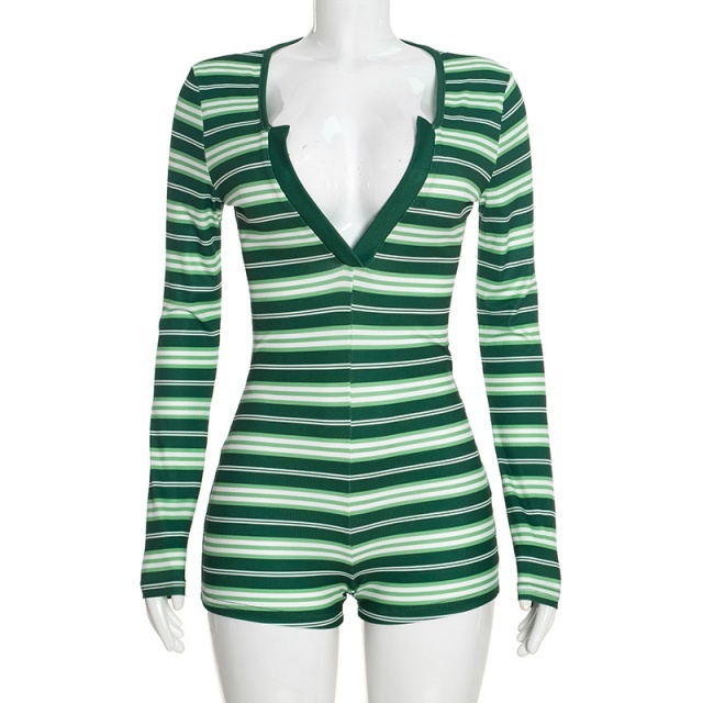 Striped Long Sleeve V Neck Fitted Romper