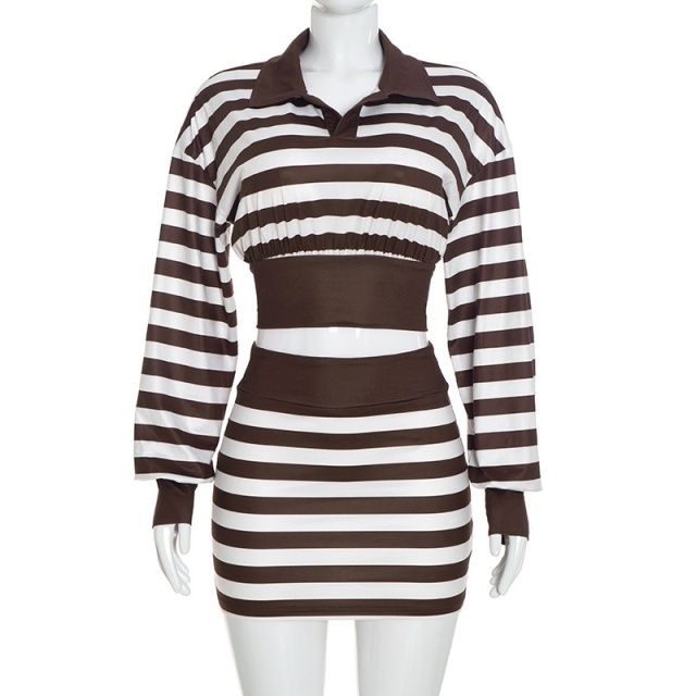 Striped Polo Long Sleeve Top Slim Fited Skirt Set