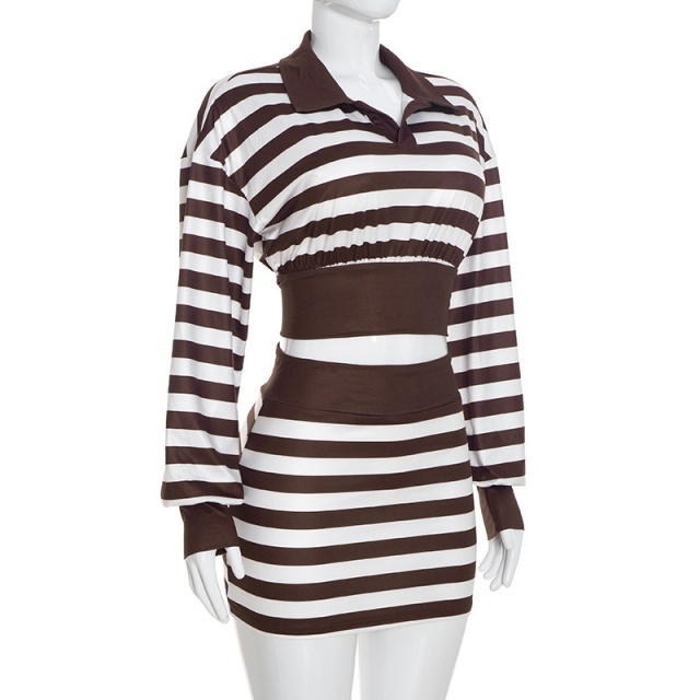 Striped Polo Long Sleeve Top Slim Fited Skirt Set