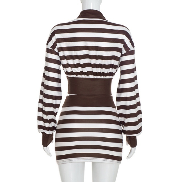 Striped Polo Long Sleeve Top Slim Fited Skirt Set