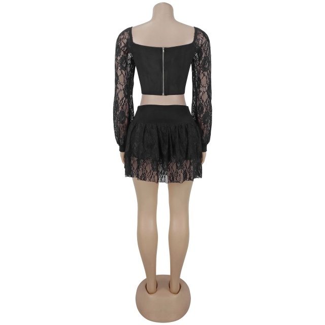 Lace-Up Lace High Waist Skirt Set