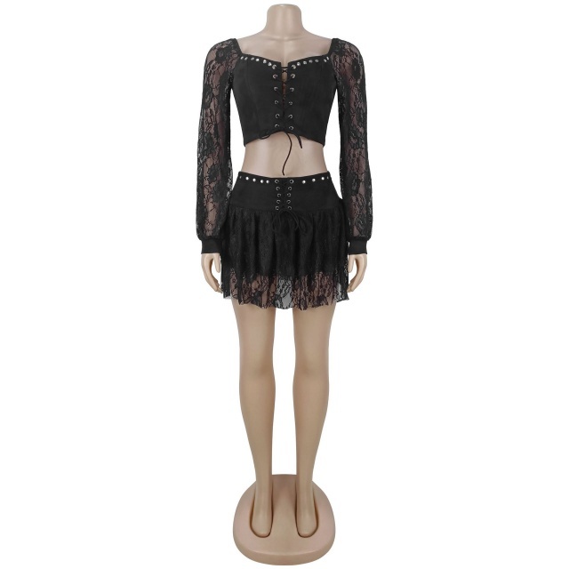 Lace-Up Lace High Waist Skirt Set