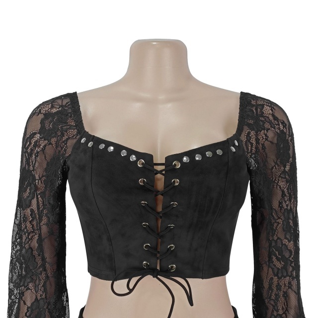 Lace-Up Lace High Waist Skirt Set