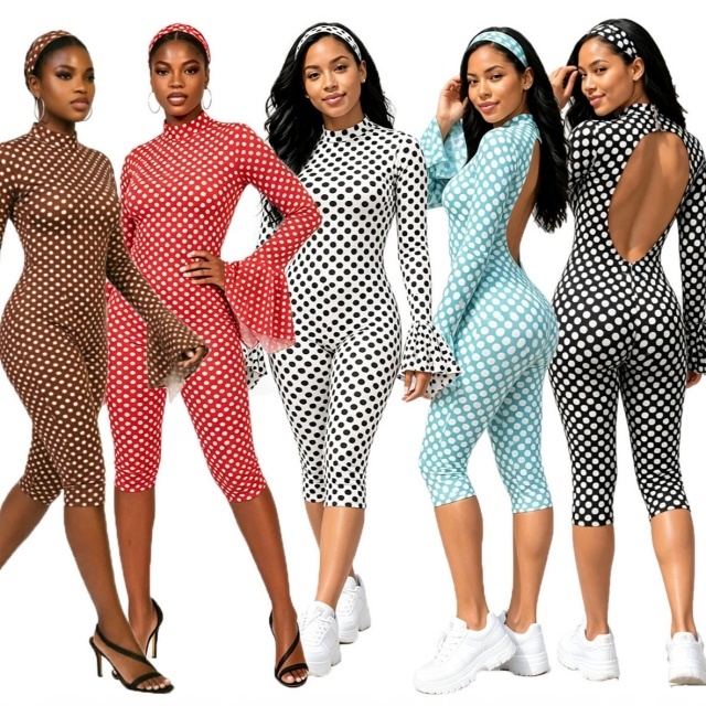 Polka Dot Print Ruffle Sleeve Slim Fit Jumpsuit with Headband