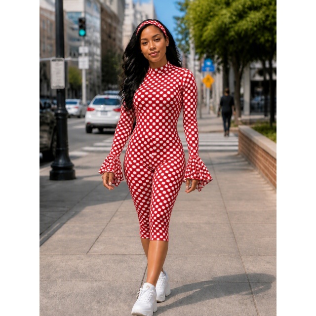 Polka Dot Print Ruffle Sleeve Slim Fit Jumpsuit with Headband