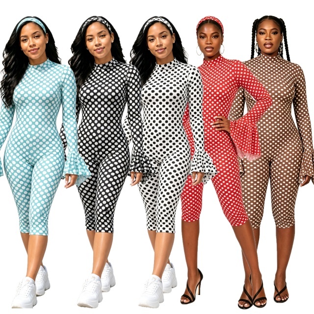 Polka Dot Print Ruffle Sleeve Slim Fit Jumpsuit with Headband