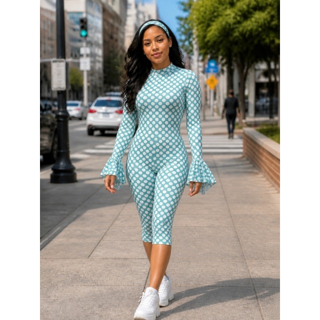 Polka Dot Print Ruffle Sleeve Slim Fit Jumpsuit with Headband