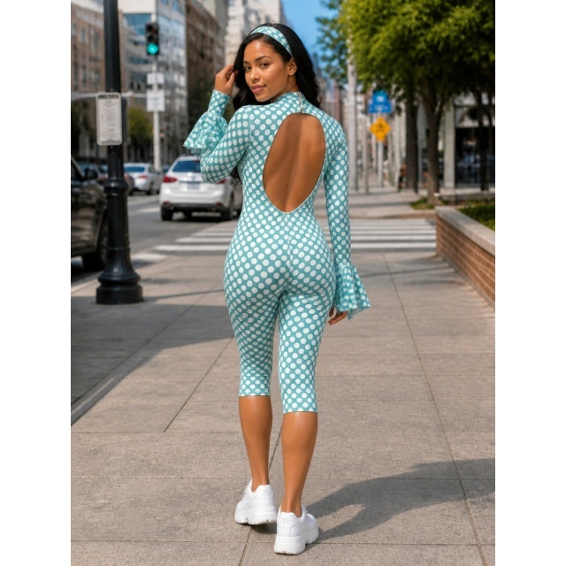 Polka Dot Print Ruffle Sleeve Slim Fit Jumpsuit with Headband