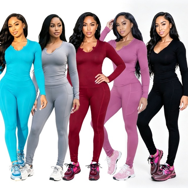 Solid Color Basic Style Fitted Pant Set