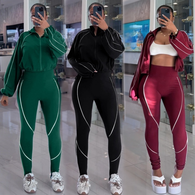 Striped Patchwork Zip-up Jacket Top Fitted Pant Set