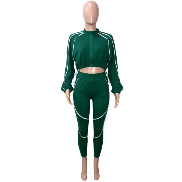 Striped Patchwork Zip-up Jacket Top Fitted Pant Set