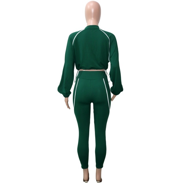 Striped Patchwork Zip-up Jacket Top Fitted Pant Set
