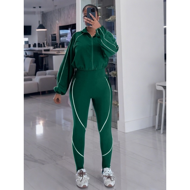 Striped Patchwork Zip-up Jacket Top Fitted Pant Set