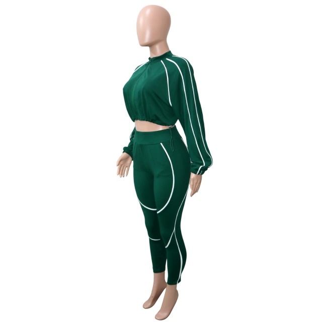 Striped Patchwork Zip-up Jacket Top Fitted Pant Set