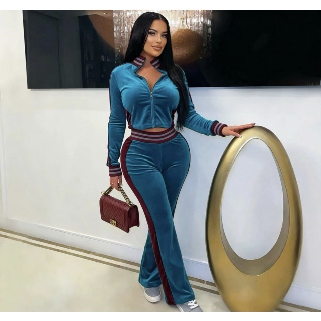 Fashion Velvet Color Block Fall Jogging Suit