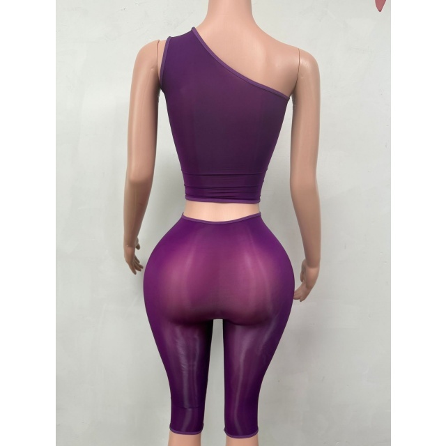 See Through Single Shoulder Top Cropped Lingerie Pant Set