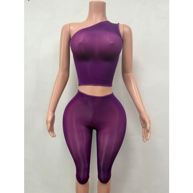 See Through Single Shoulder Top Cropped Lingerie Pant Set