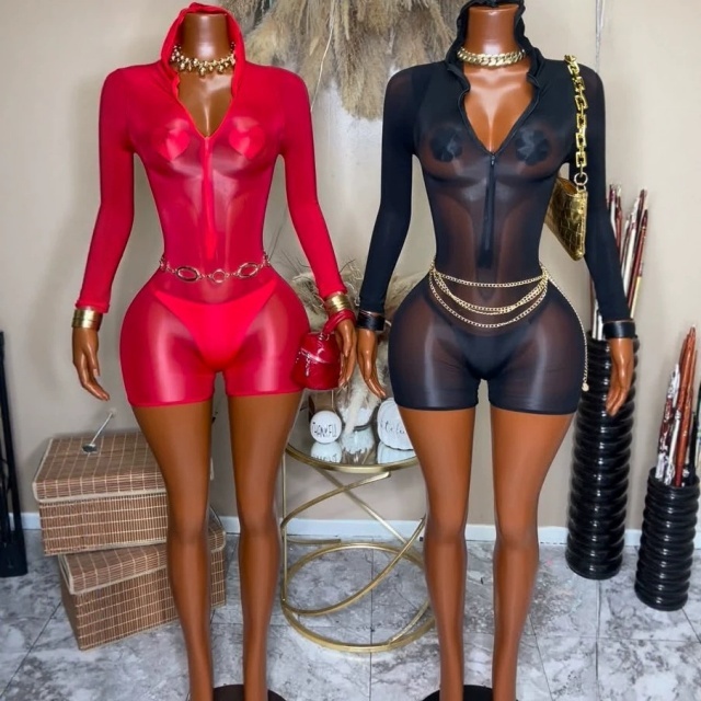 Sheer Mesh Hooded Zipper-up Lingerie Romper